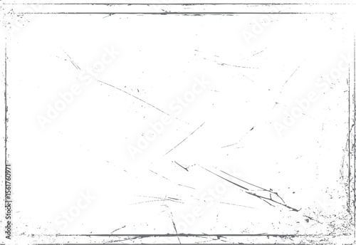 Vintage scratched border frame texture vector. Grunge distressed overlay with old photo edge lines for retro background and damaged design art.
