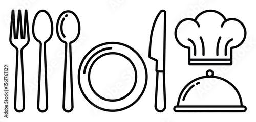 Restaurant Utensils and Chef Hat Outline Icons