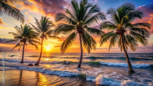 Palm trees with waves in the background at sunset, natural, vacation,  natural, vacation, travel, scenery, landscape, water
