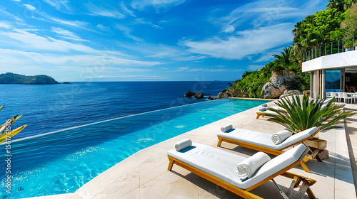 Luxurious oceanfront infinity pool with sun loungers  overlooking a serene blue sea and lush green landscape under a clear sky.