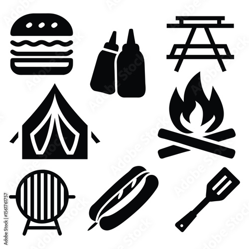 Collection of outdoor picnic and camping icons for recreational activities