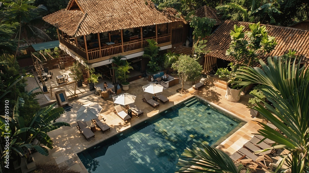 Fototapeta premium Serene Tropical Retreat with Stunning Pool and Lush Greenery