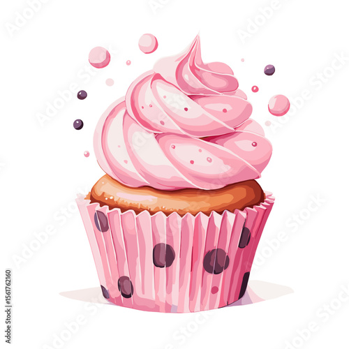 Cupcake with pink frosting in polka dot wrapper on white background  