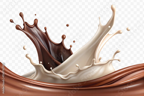 realistic 3d smooth liquid chocolate and milk splashes in different style isolated on transparent background	
