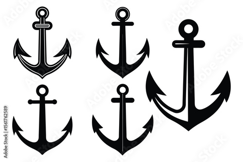 Collection of nautical anchor silhouettes in various styles on a clean white background