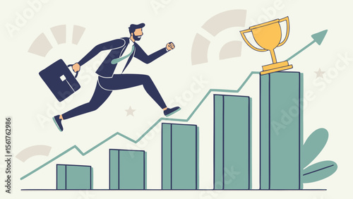 Businessman leaping upward with trophy, symbolizing leadership, success, innovation, ambition, teamwork, career growth, strategy, victory, and achievement