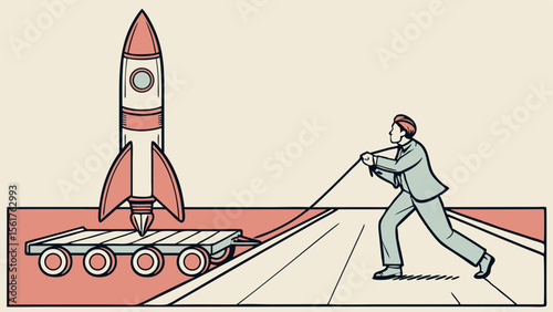 Determined businessman driving innovative vehicle rocket, symbolizing exploration, technology, effort, aspiration, success, achievement, and future progress