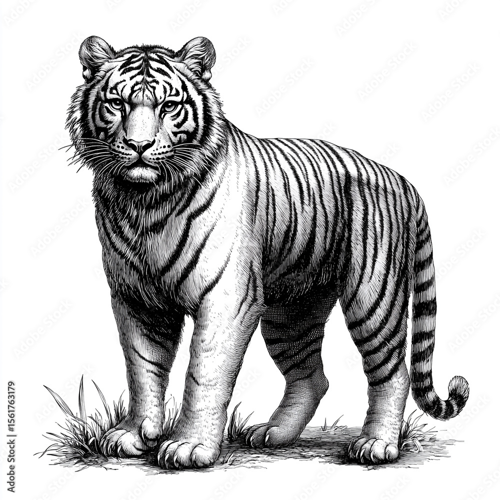 Naklejka premium Classic Tiger Drawing - Monochrome Wildlife Art