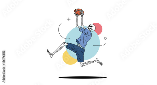 Dynamic Athlete in Mid Air Captures the Thrill of a Basketball Game with Energetic Movements and Colorful Abstract Shapes