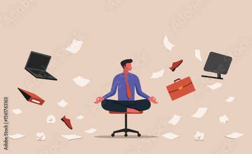 Businessman meditating on an office chair while surrounded by flying papers, devices, and office supplies, concept of staying calm, focused, and mindful, flat vector illustration