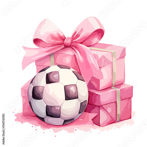 Pink gift boxes with soccer ball and ribbon on white background  