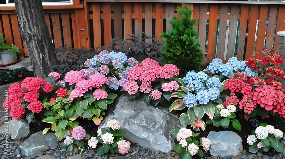 Naklejka premium Vibrant hydrangeas blooming in garden landscape against wooden fence backdrop scene