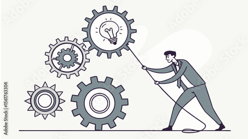 Innovative businessman with gear and idea symbol technology, creativity, strategy, teamwork, engineering, leadership, productivity, and industry success
