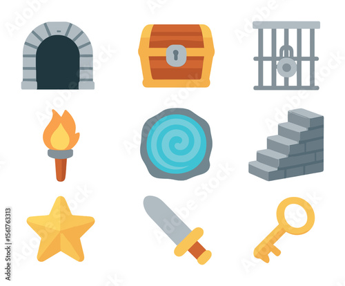 RPG Icon Set. Flat icon set of RPG level elements: dungeon entrance, treasure chest, locked gate, torch, magic