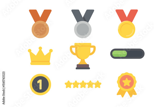 Game Progression Icons. Flat icon set of game progression markers: bronze medal, silver medal, gold medal,
