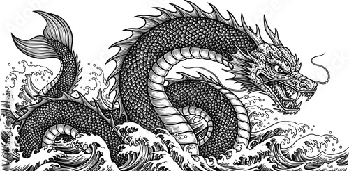 Woodcut illustration of a sea serpent. Vintage grunge vector design element for artworks, poster, cards, web and collages.