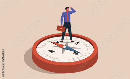 Businessman standing on giant compass, concept of career direction, decision-making, personal growth, and finding purpose in professional life, flat vector illustration