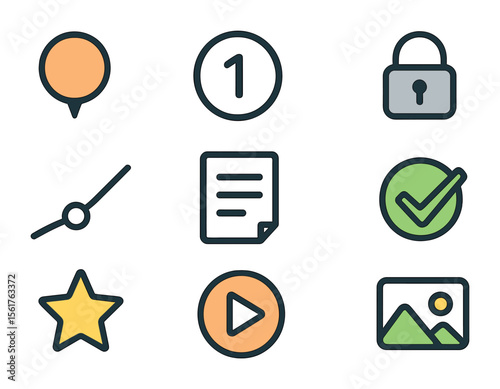 Game UI Icon Set. Flat icon set of level select UI elements: map node, level number, locked level, path line,
