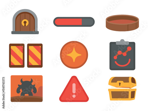 Boss Level Icon Set. Flat icon set of boss level elements: giant door, health bar, arena platform, hazard
