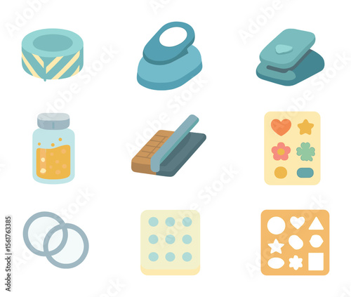 Scrapbooking Tools Icons. Flat icon set of scrapbooking toys: washi tape, punch cutter, corner rounder,