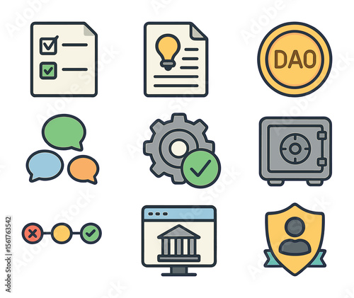 DAO Governance Icon Set. Flat icon set of DAO governance: voting ballot, proposal form, DAO token, community