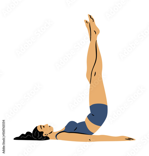 Young woman doing gymnastics. Girl doing fitness exercises. Stretching and pilates pose. Sport, body beauty and health. Vector illustration isolated on white background