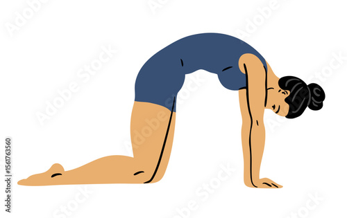 Young woman doing gymnastics. Girl doing fitness exercises. Stretching and pilates pose. Sport, body beauty and health. Vector illustration isolated on white background