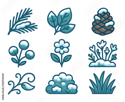 Winter Flora Icons. Flat icon set of snow-covered flora: frosted pine branch, icy leaf, snow-dusted fir cone,