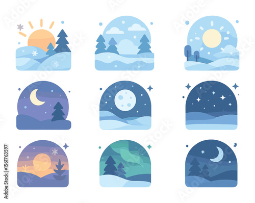 Frozen Time-of-Day Icons. Flat icon set of frozen time-of-day scenes: frosty sunrise, icy morning mist, snowy
