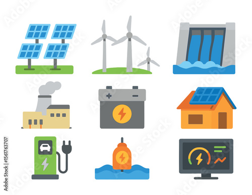 Renewable Energy Icons. Flat icon set of renewable energy technology: solar farm, wind farm, hydro dam,