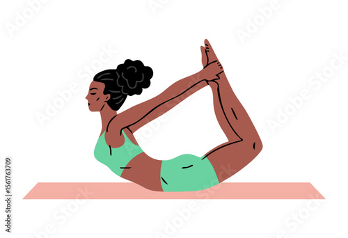 Young beautiful woman doing gymnastics. Girl doing fitness exercises. Stretching and pilates pose. Sport, body beauty and health. Vector illustration isolated on white background