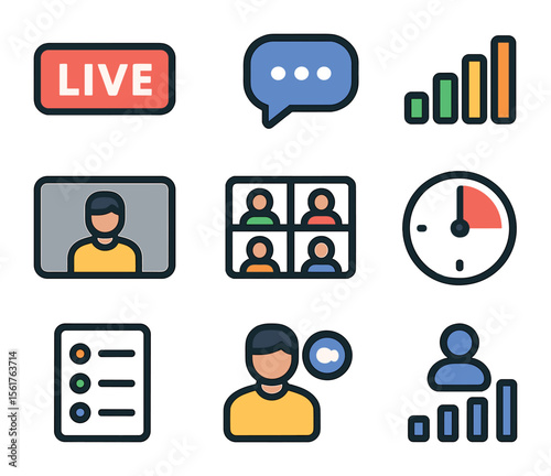 Live Class Icons. Flat icon set of live-streamed classes: live badge, real-time chat icon, stream latency bar,