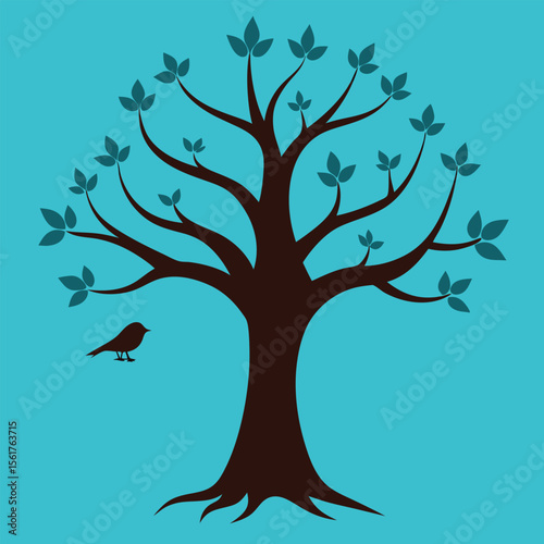 Stylized silhouette of a gnarled deciduous tree in cmyk and grayscale
