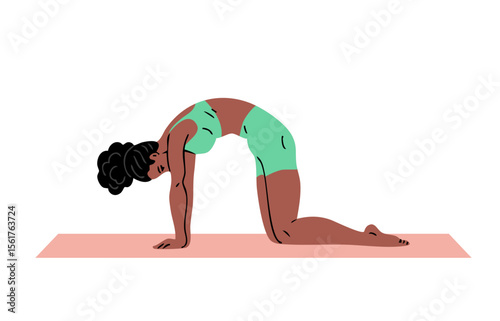 Young beautiful woman doing gymnastics. Girl doing fitness exercises. Stretching and pilates pose. Sport, body beauty and health. Vector illustration isolated on white background