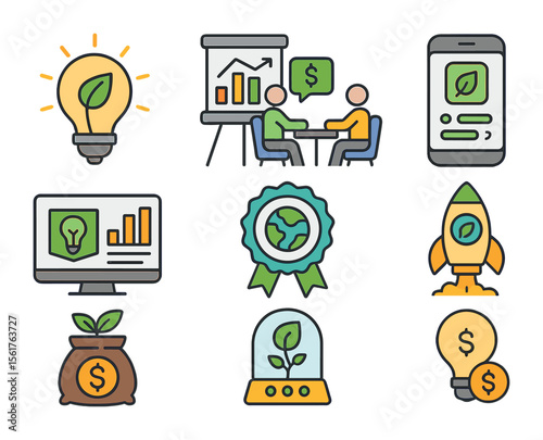 Climate Tech Icon Set. Flat icon set of climate tech startups: innovation bulb, climate pitch deck, investor