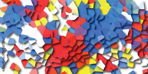 Abstract geometric mosaic of overlapping colorful polygons with 3d shadows and a modern artistic texture.