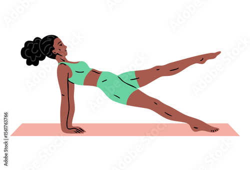 Young beautiful woman doing gymnastics. Girl doing fitness exercises. Stretching and pilates pose. Sport, body beauty and health. Vector illustration isolated on white background
