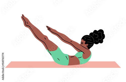 Young beautiful woman doing gymnastics. Girl doing fitness exercises. Stretching and pilates pose. Sport, body beauty and health. Vector illustration isolated on white background