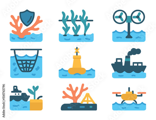Ocean Solutions Icons. Flat icon set of ocean and climate solutions: coral protection, seaweed farming, tidal