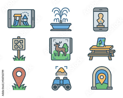 Augmented Reality Park Icons. Flat icon set of augmented reality parks: virtual playground, smart fountain, AR