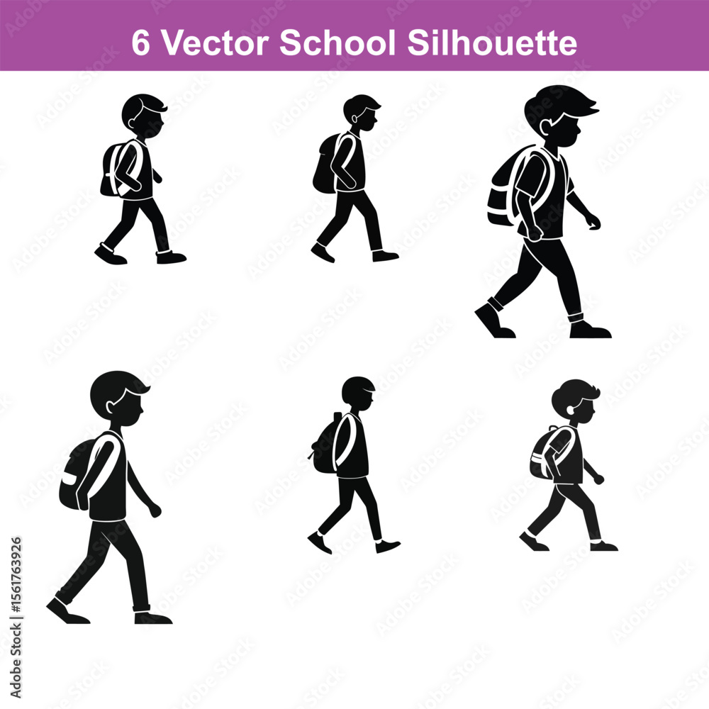 Naklejka premium Silhouette of a schoolboy walking with a backpack looking up,Three students walking with backpacks in black and white vector illustration