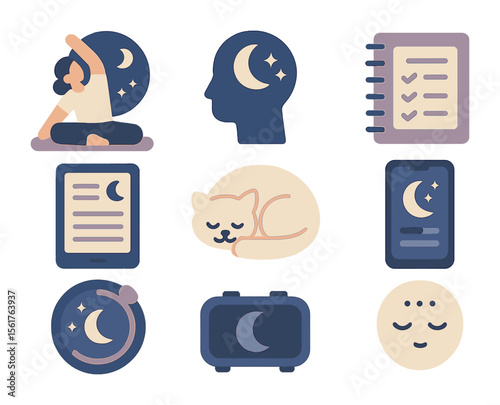 Mindful Night Routine Icons. Flat icon set of mindful night routines: stretch pose, bedtime reflection icon,