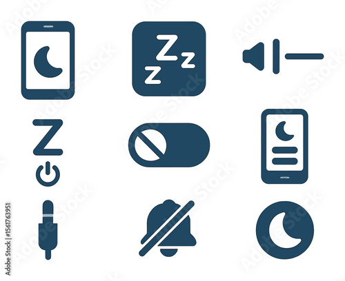 Mobile Sleep Aid Icons. Flat icon set of mobile sleep aid tools: phone with crescent, sleep app icon, volume