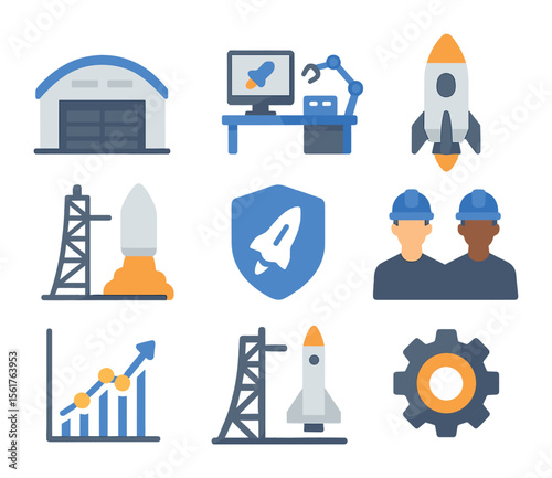 Space Company Icon Set. Flat icon set of private space company infrastructure: hangar, tech lab, rocket part