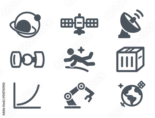 Orbital Icon Set. Flat icon set of private orbital missions: orbital path, miniature satellite, satellite dish