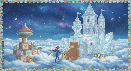 Enchanted Night Sky Boy, Bear, and Crystal Castle in Dreamland