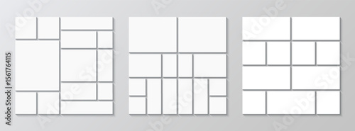 Mosaic pictures frame. Photo collage set. Gallery banner template. Album brandboard grid collection. Moodboard layout. Portfolio images. Abstract forms. Retro background. Vector illustration