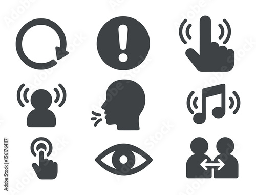 Breath Awareness Icons. Flat icon set of breath awareness cues: inhale ring, breath alert icon, haptic cue,