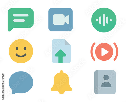 Mobile Communication Icons. Flat icon set of mobile communication platforms: messaging app, video call, voice