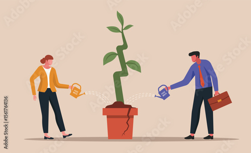 Man and woman watering plant with a cracked flower pot using watering cans, concept of how constructive feedback helps growth despite imperfection, flat vector illustration